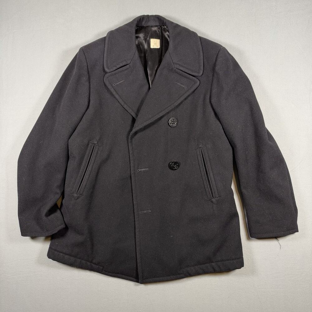 80s Vintage US Navy Men’s Coat Size 38S Black Officer Overcoat Peacoat Wool